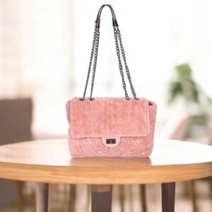 Hello 3 AM Chic Pink Teddy Fur & Faux Leather Shoulder Bag (NWT)